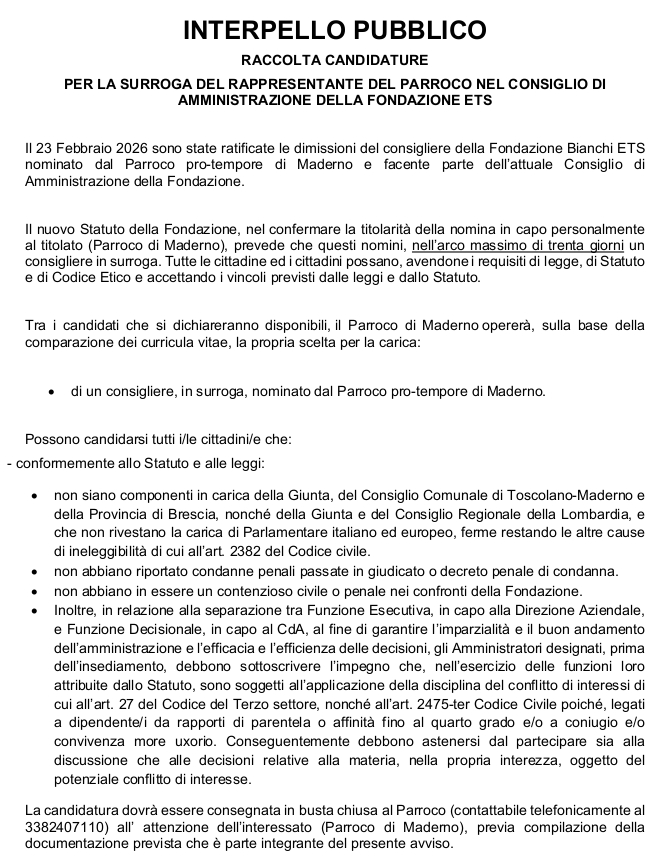 Interpello Pubblico - Casa di Riposo Fondazione Bianchi