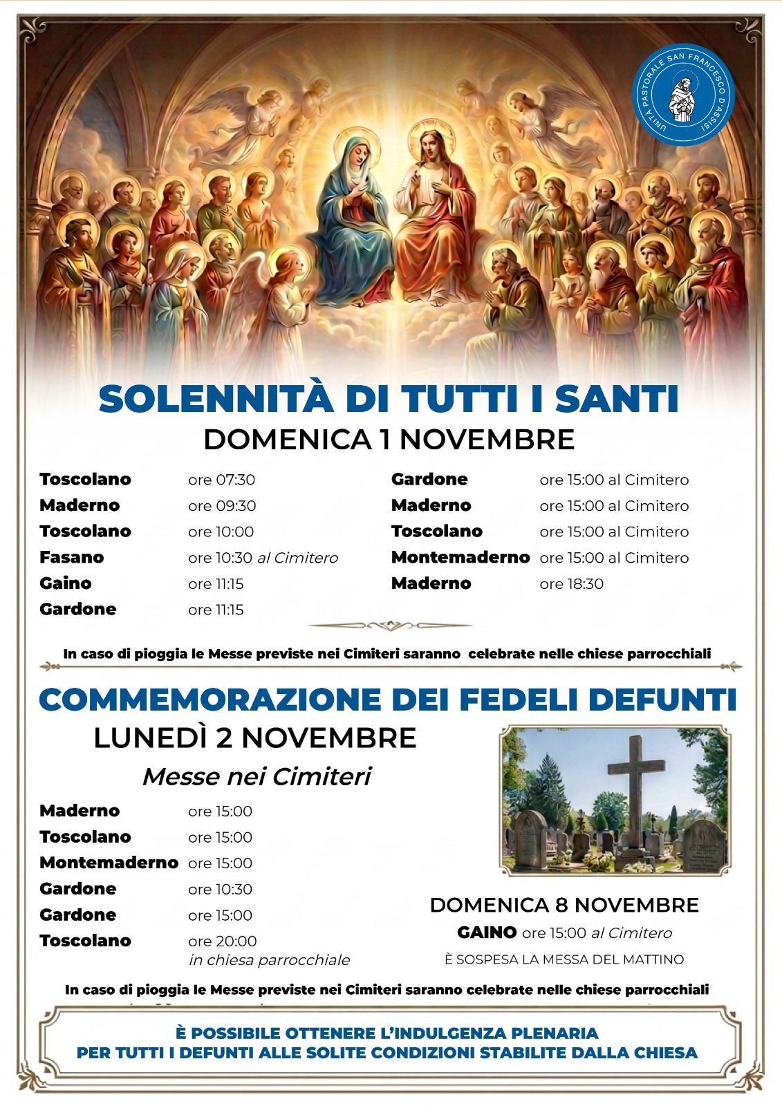 Orari celebrazioni nell'U.P. per i giorni dei Santi e dei morti