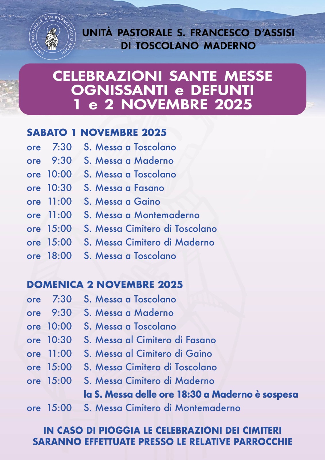 Orari celebrazioni nell'U.P. per i giorni dei Santi e dei morti