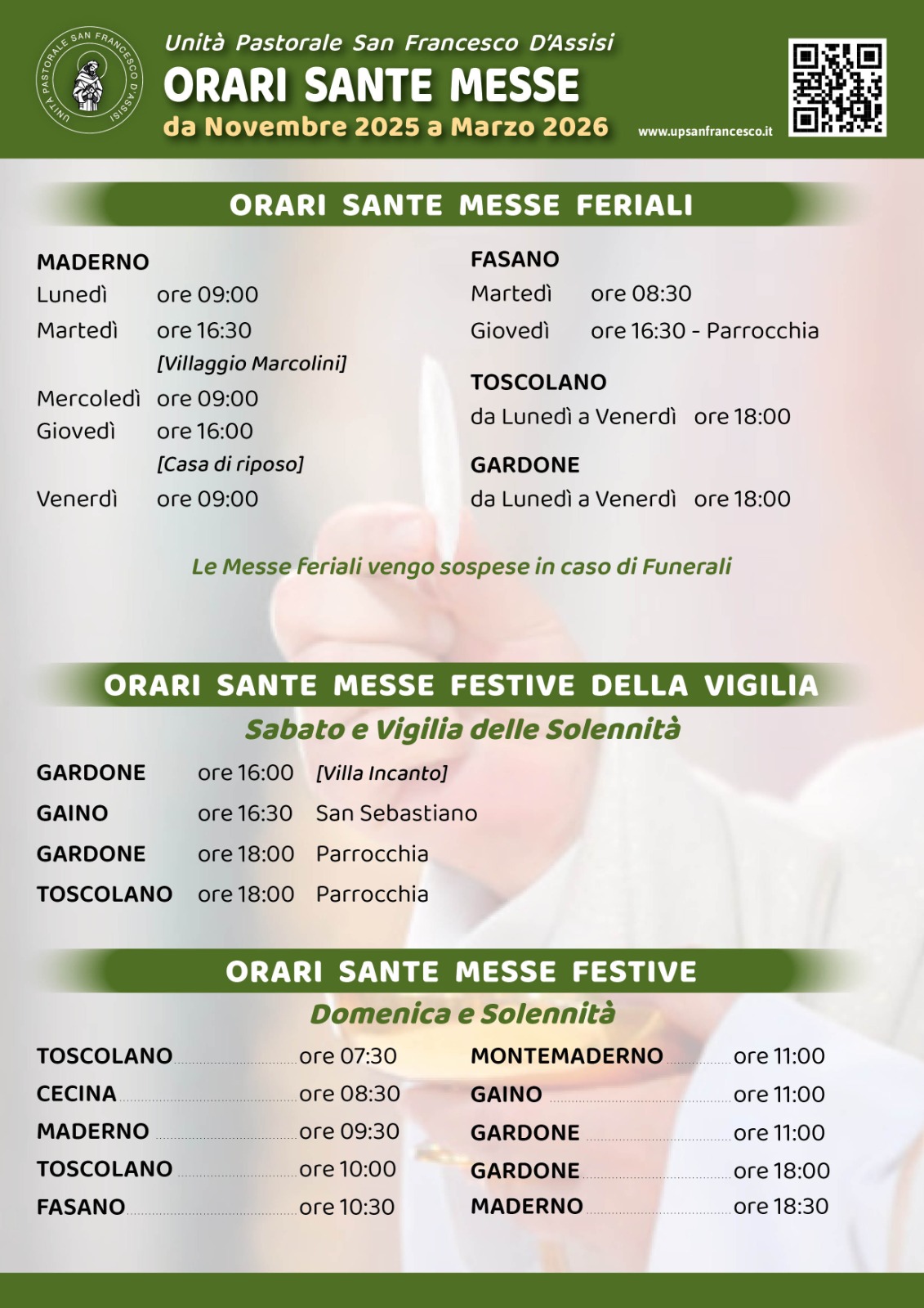 Aggiornamento orari Santa Messe per i mesi novembre 2025 / marzo 2026